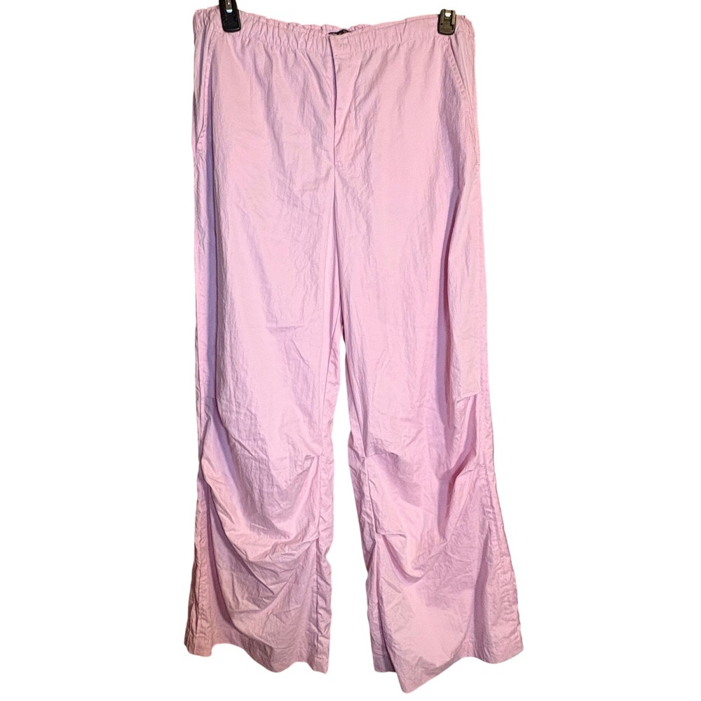 Zara Wide Leg Women XL Cotton Candy Pink Crinkle Parachute Elastic Waist Pocket